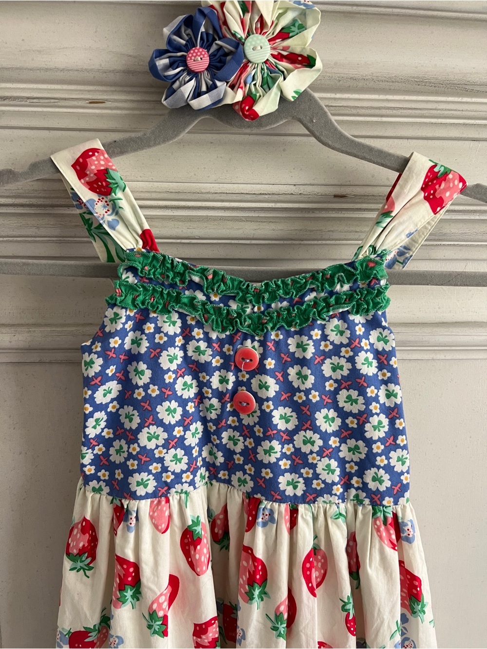 Matilda Jane Blue & Cream Strawberry Print Ruffle Sundress| Matching Hair Bow - Picture 3 of 8